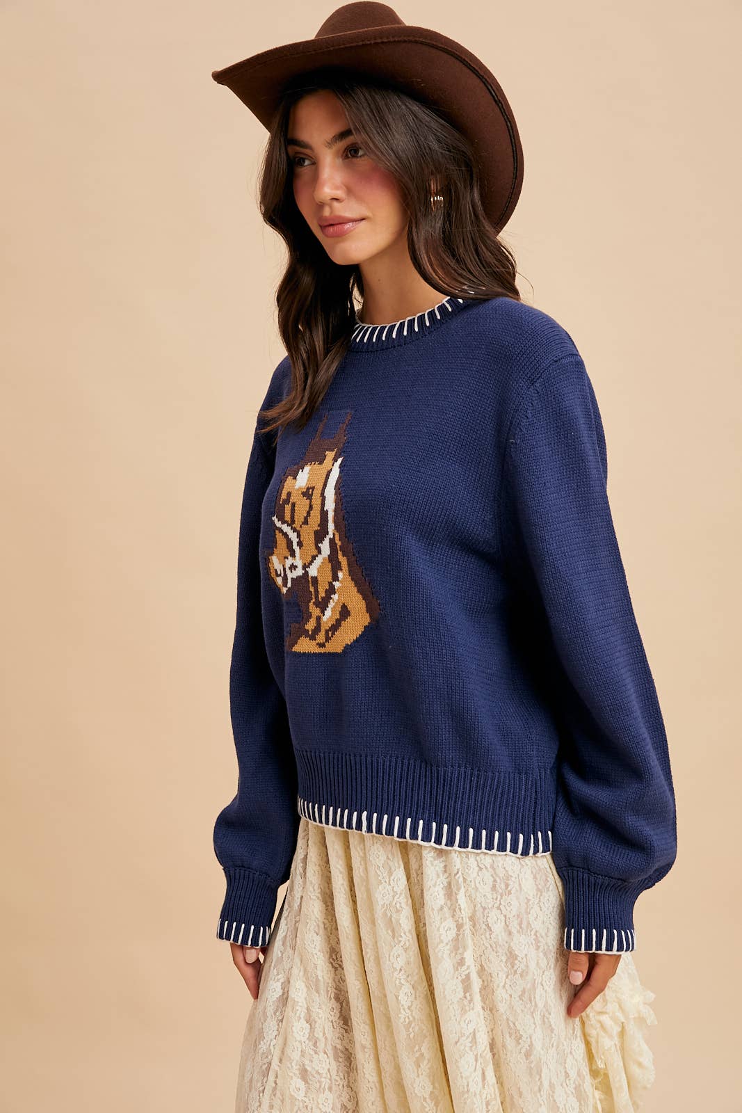 The Charming Horse Motif Sweater in Navy