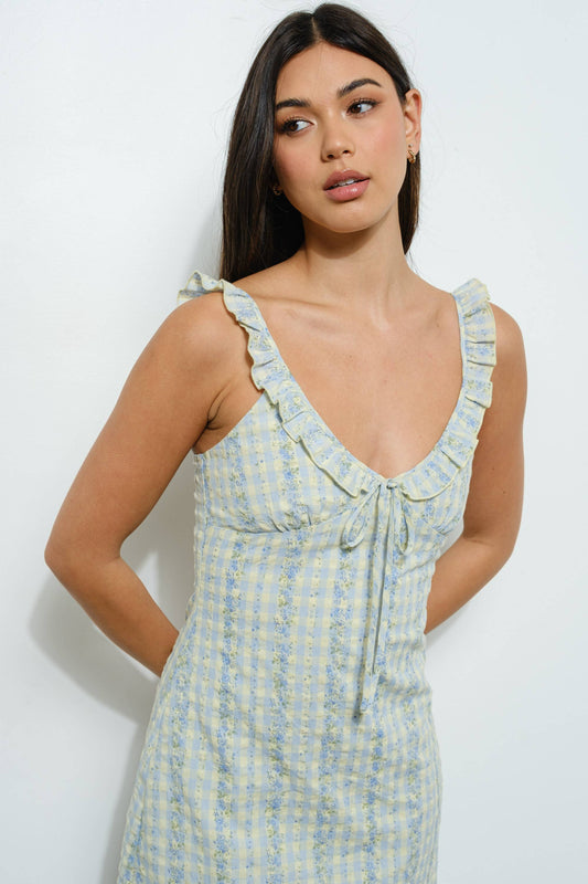 CELY FRILL MINI DRESS: Blue Multi