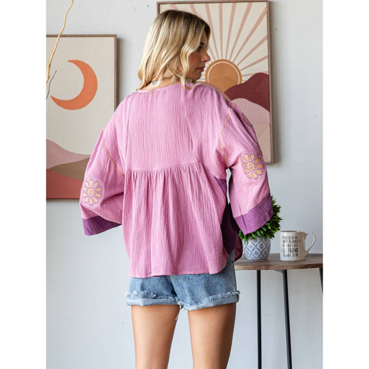 Abilene Vintage Embroidery Patch Gauze Top: Pink