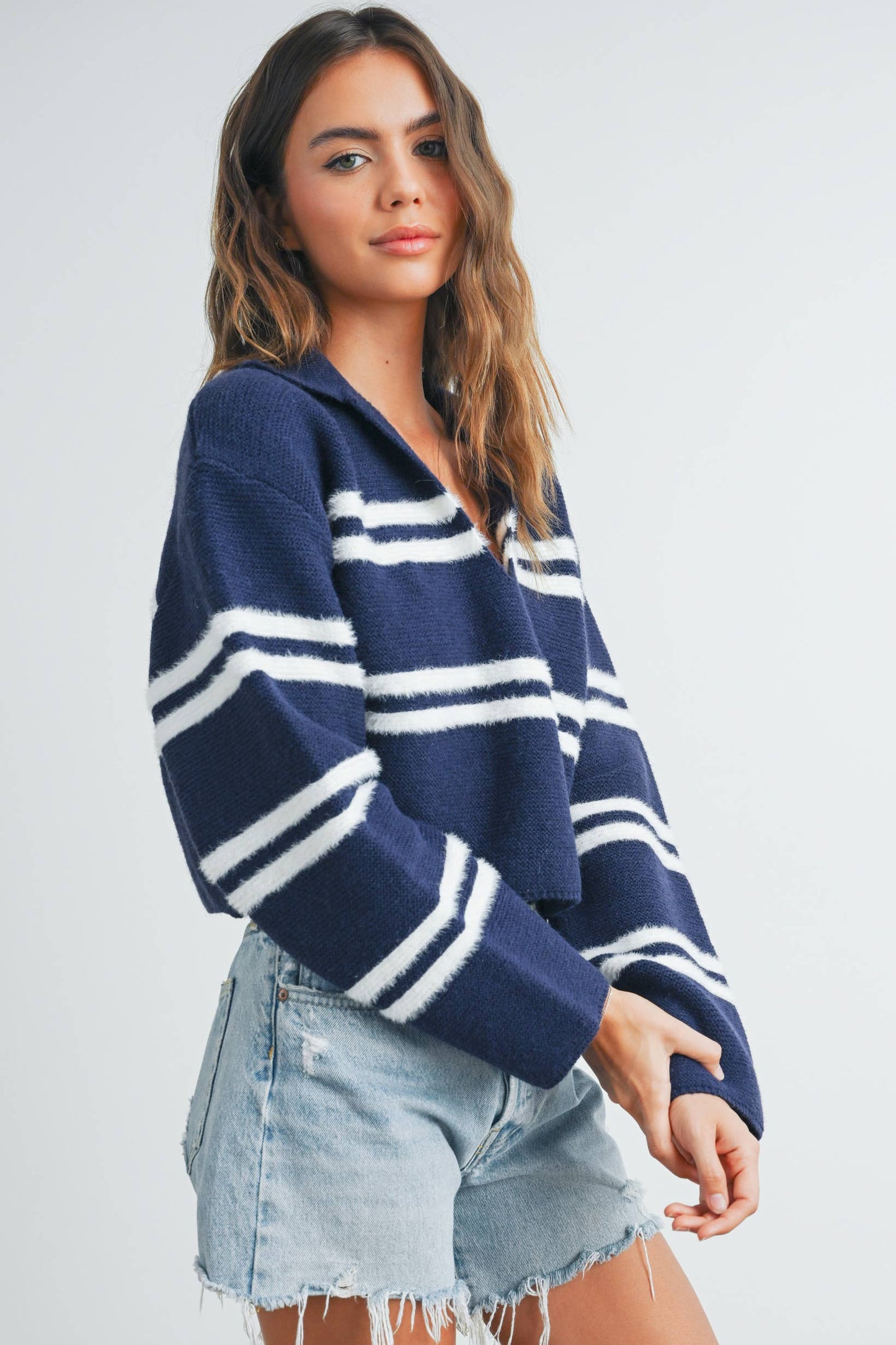 The Reagan Stripe Crop Collar Sweater Top in Navy
