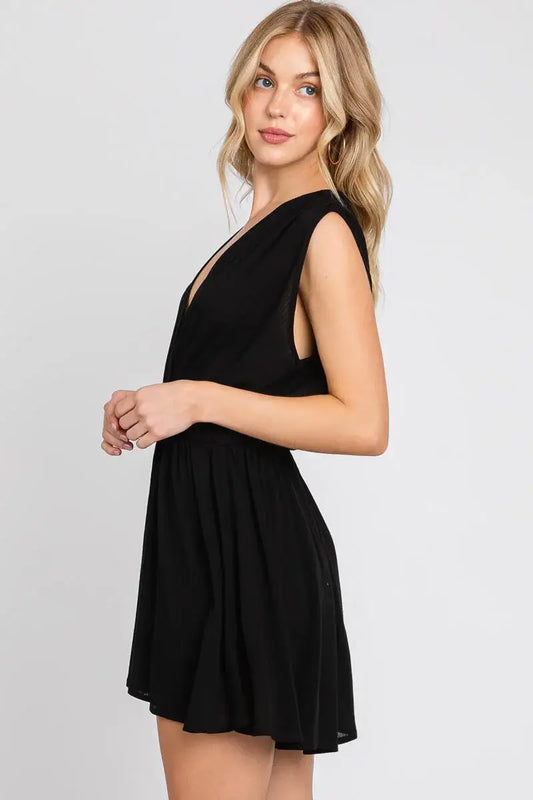 The Esme Solid Deep V-Neck Romper in Black