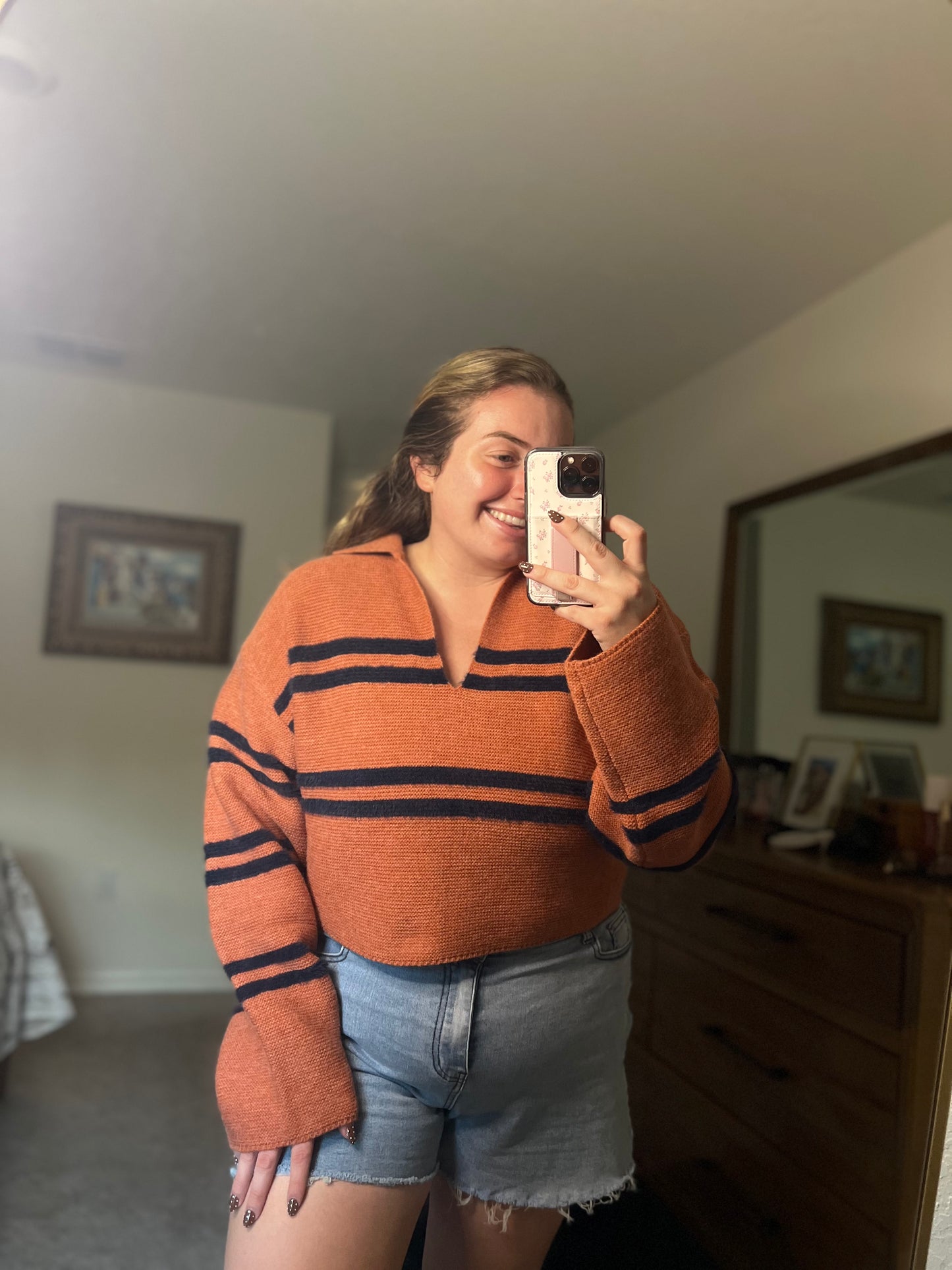 The Reagan Stripe Crop Collar Sweater Top in Rust
