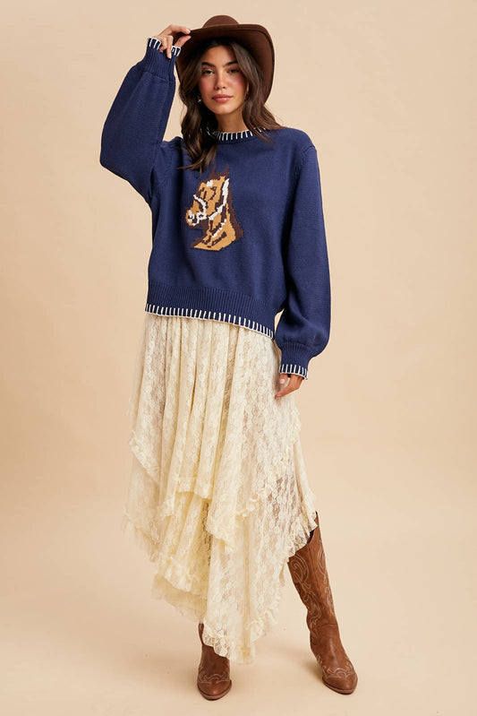 The Charming Horse Motif Sweater in Navy