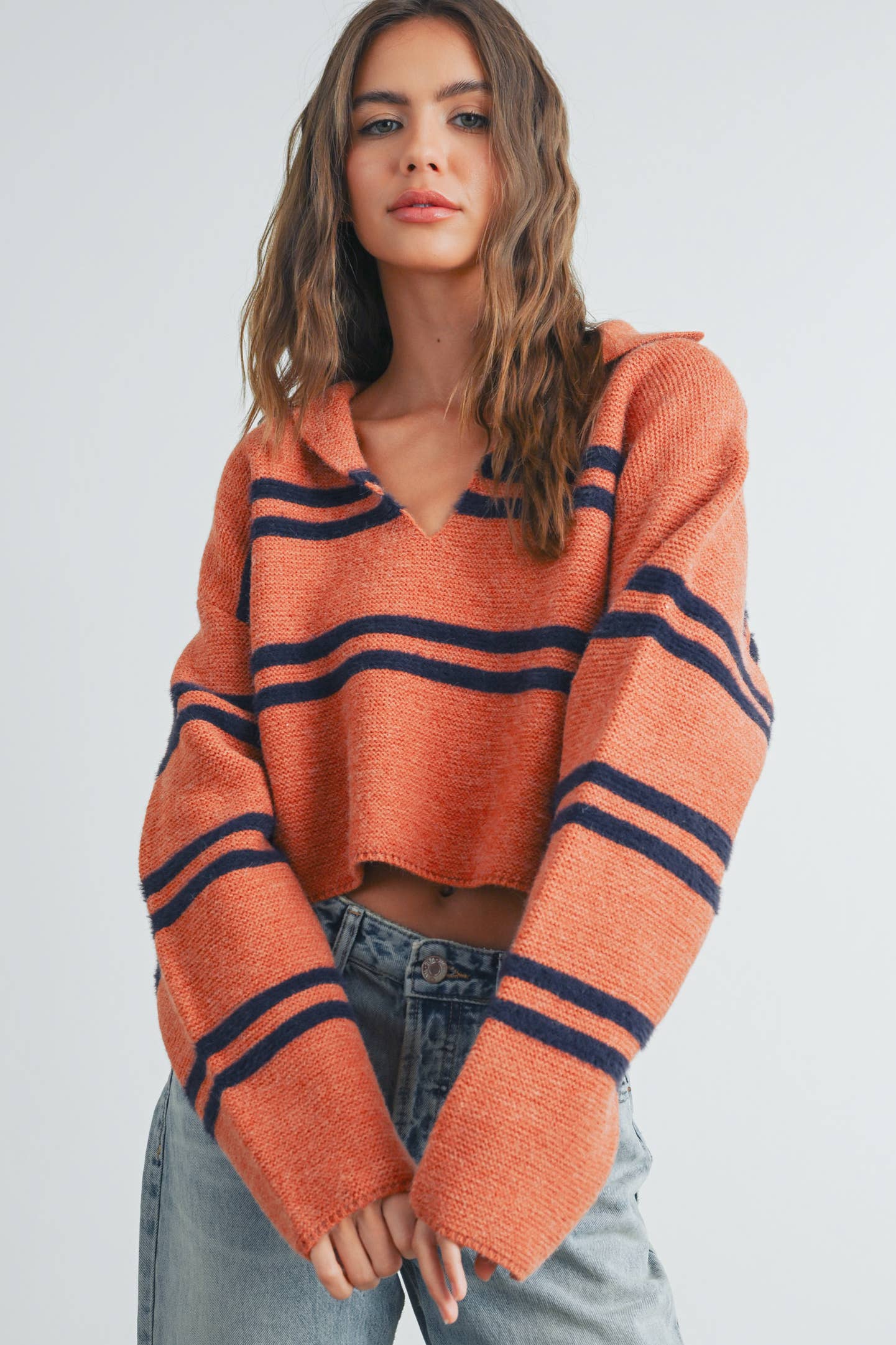 The Reagan Stripe Crop Collar Sweater Top in Rust
