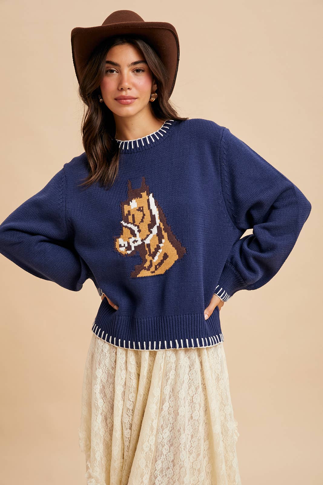 The Charming Horse Motif Sweater in Navy