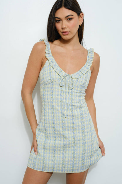 CELY FRILL MINI DRESS: Blue Multi