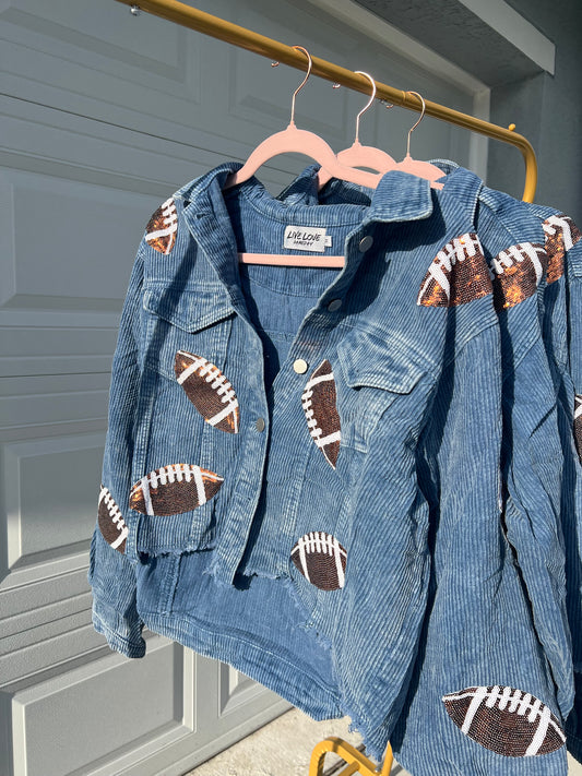 Vintage Blue Corduroy Sequin Football Cropped Jacket
