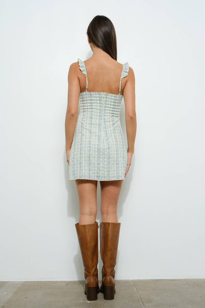 CELY FRILL MINI DRESS: Blue Multi