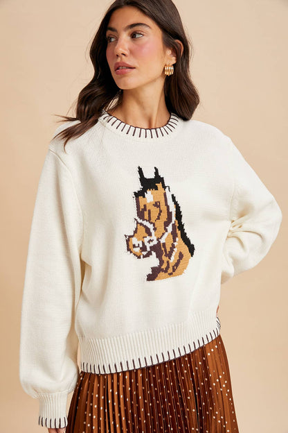 The Charming Horse Motif Sweater in Cream
