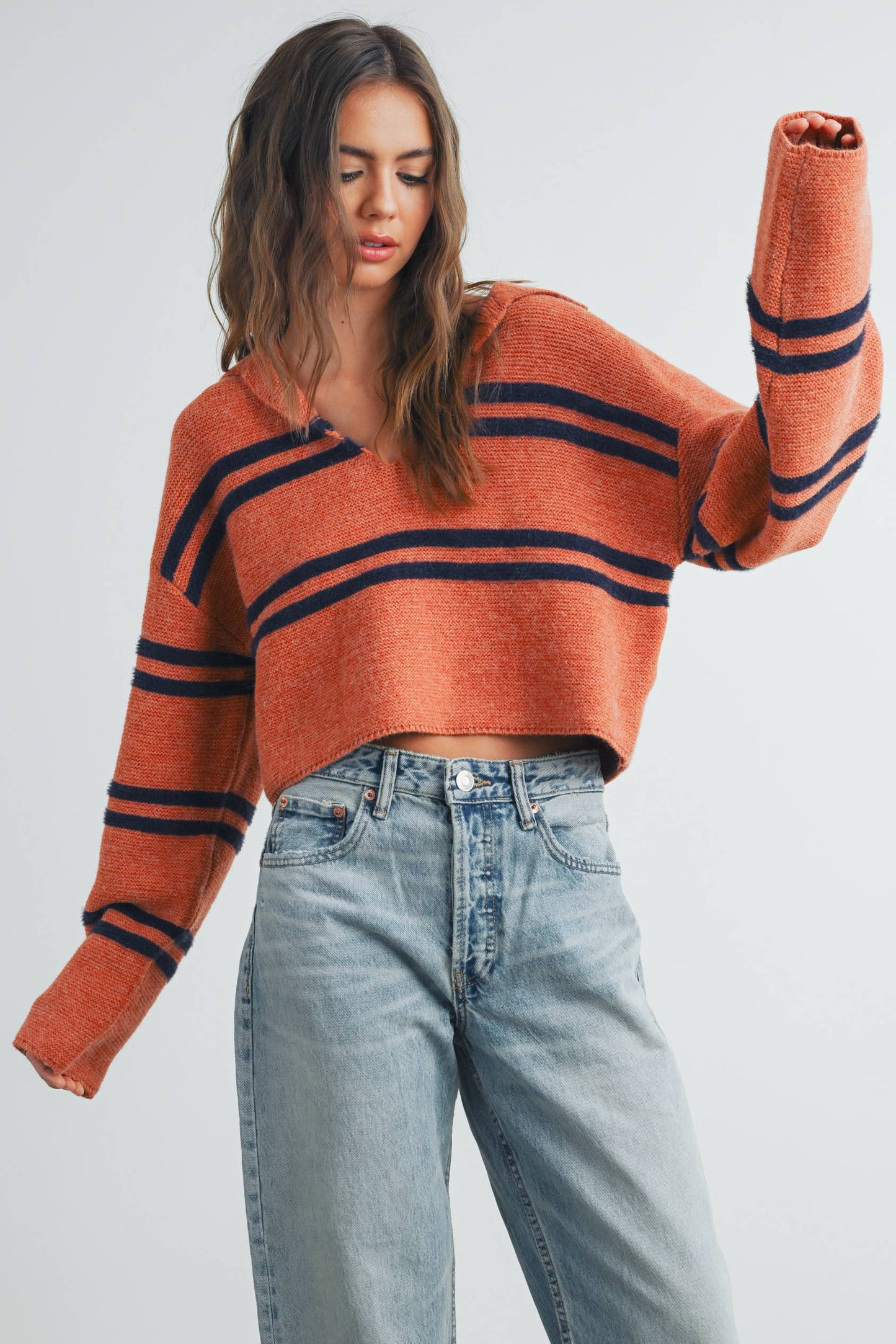 The Reagan Stripe Crop Collar Sweater Top in Rust