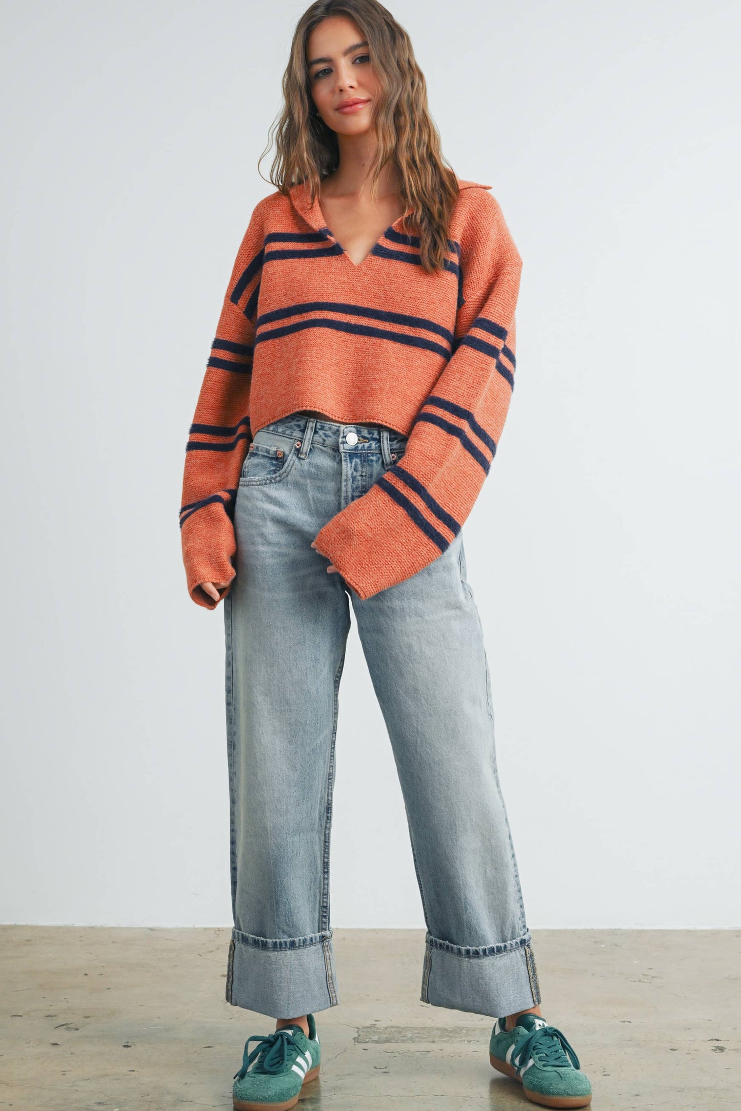 The Reagan Stripe Crop Collar Sweater Top in Rust