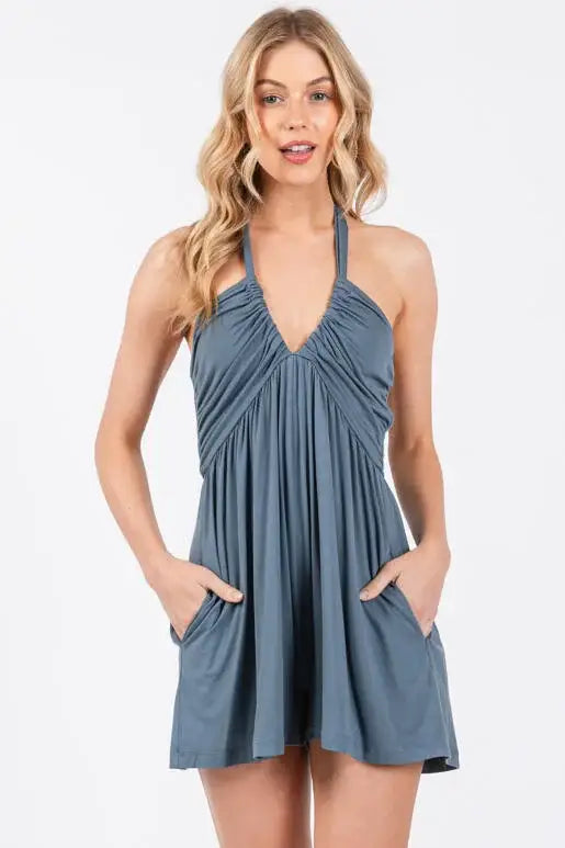The Franny Halter Neck Romper in Slate