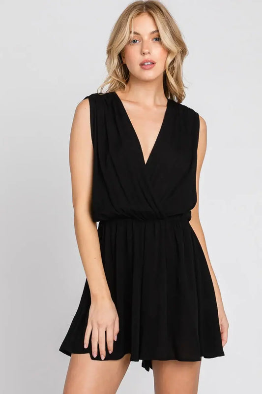 The Esme Solid Deep V-Neck Romper in Black