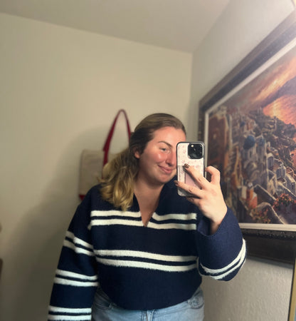 The Reagan Stripe Crop Collar Sweater Top in Navy
