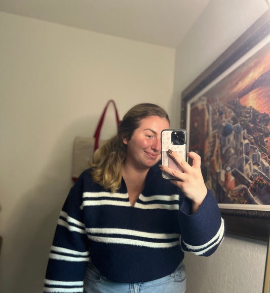 The Reagan Stripe Crop Collar Sweater Top in Navy