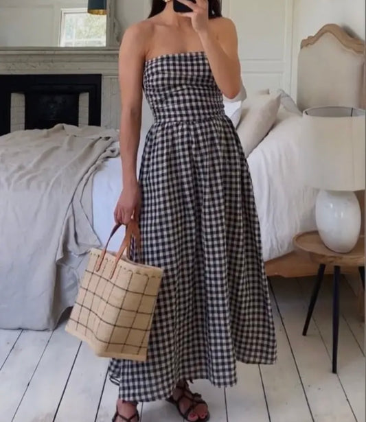 Black Gingham Strapless Dress