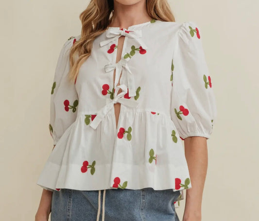 Cherry Bow Tie Blouse