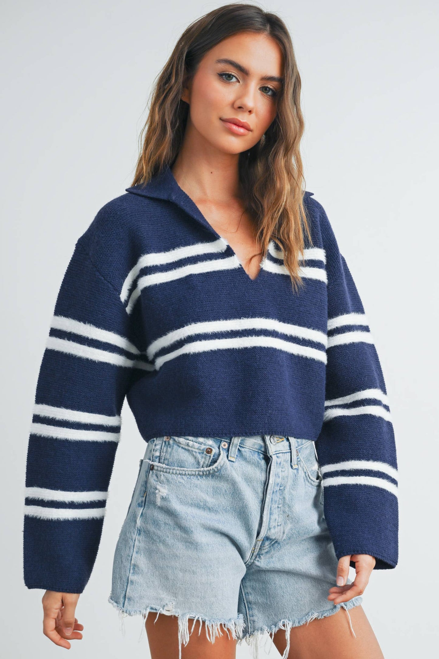 The Reagan Stripe Crop Collar Sweater Top in Navy