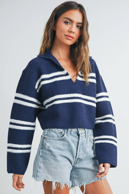 The Reagan Stripe Crop Collar Sweater Top in Navy