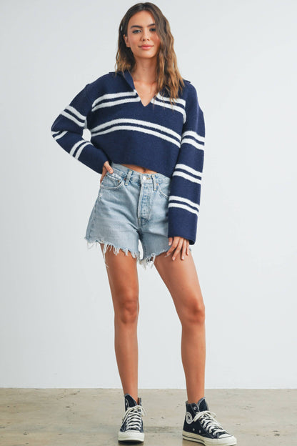 The Reagan Stripe Crop Collar Sweater Top in Navy