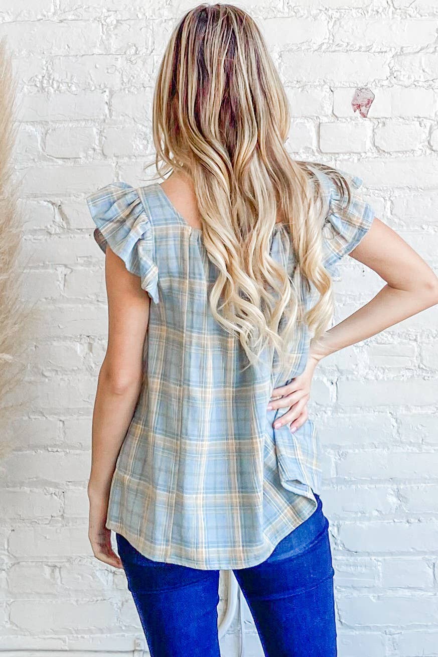 The Faye Ruffle Baby Doll Top in blue