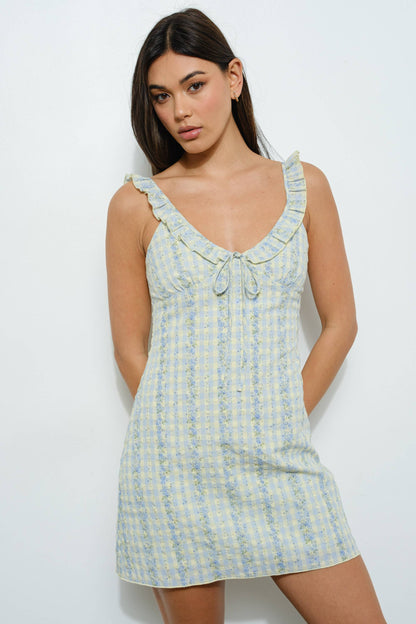 CELY FRILL MINI DRESS: Blue Multi