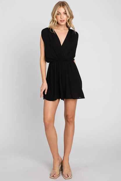 The Esme Solid Deep V-Neck Romper in Black