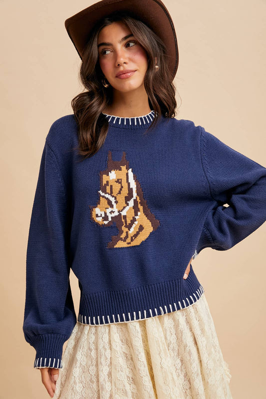 The Charming Horse Motif Sweater in Navy