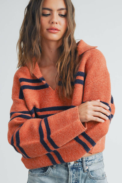 The Reagan Stripe Crop Collar Sweater Top in Rust