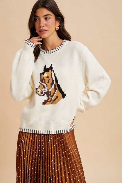 The Charming Horse Motif Sweater in Cream